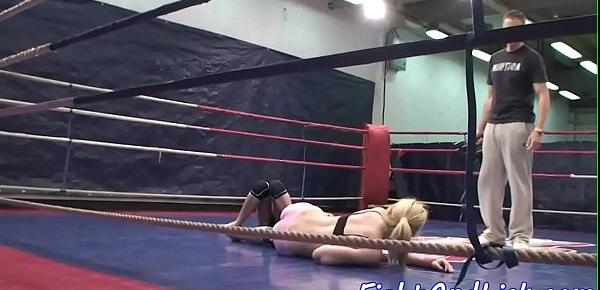  Pussylicking babes wrestle in a boxing ring